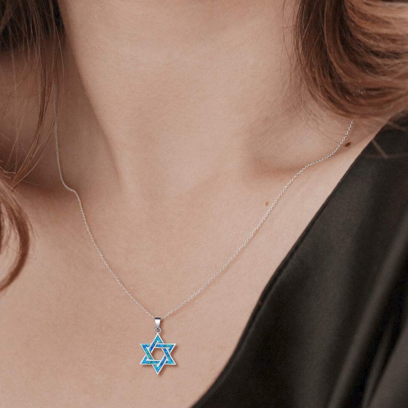 FANCIME Star of David Necklace for Women Hanukkah Gifts 925 Sterling Silver Blue Created Opal Necklace Charm Geometric Pendant Jewelry for Women - Image 2